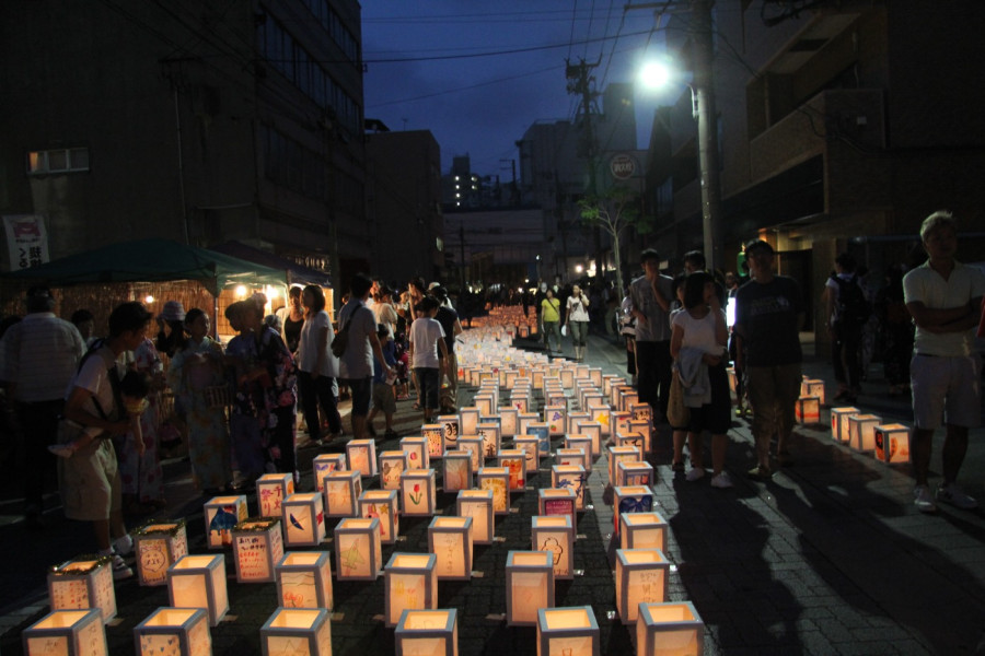 Handmade lanterns gently illuminate the shopping street. Niigata City - Thousand Lantern Festival.